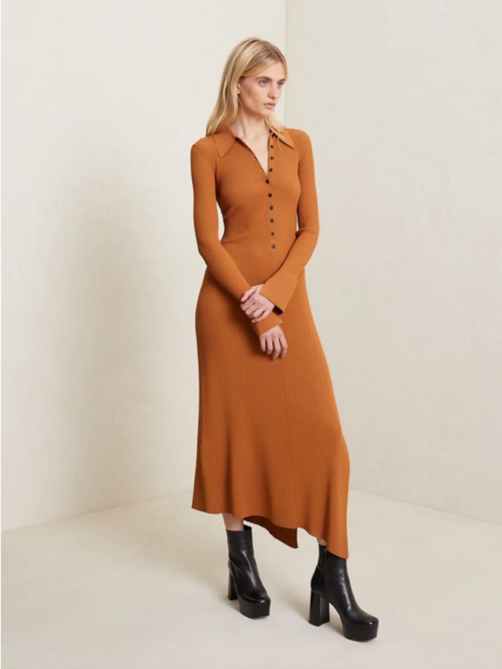 A.L.C. Long-Sleeve Polo Midi Dress in Cognac